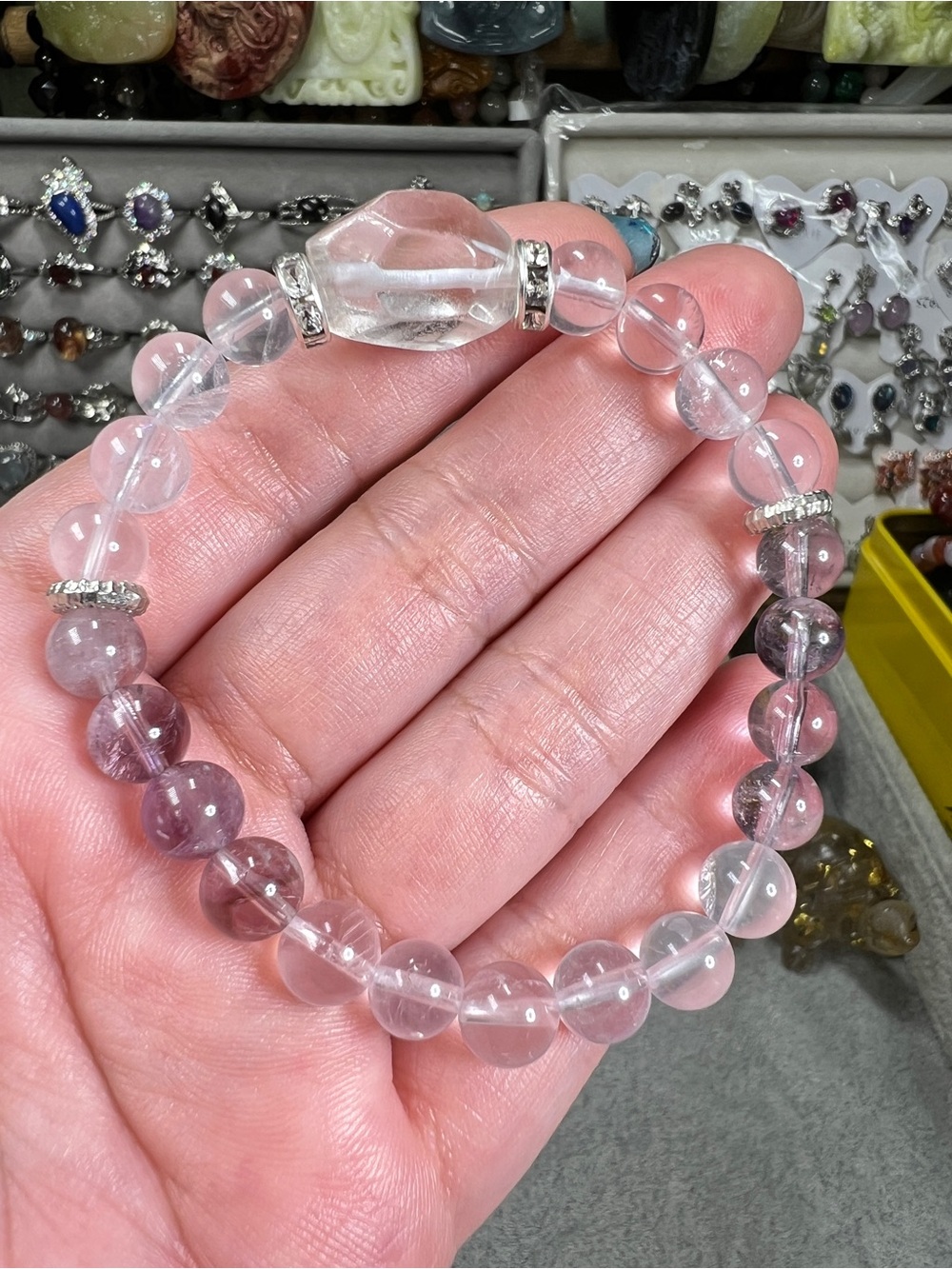 Amethyst & Rose Quartz Bracelet with Freeform Clear Quartz (Fit Size 6.5")
